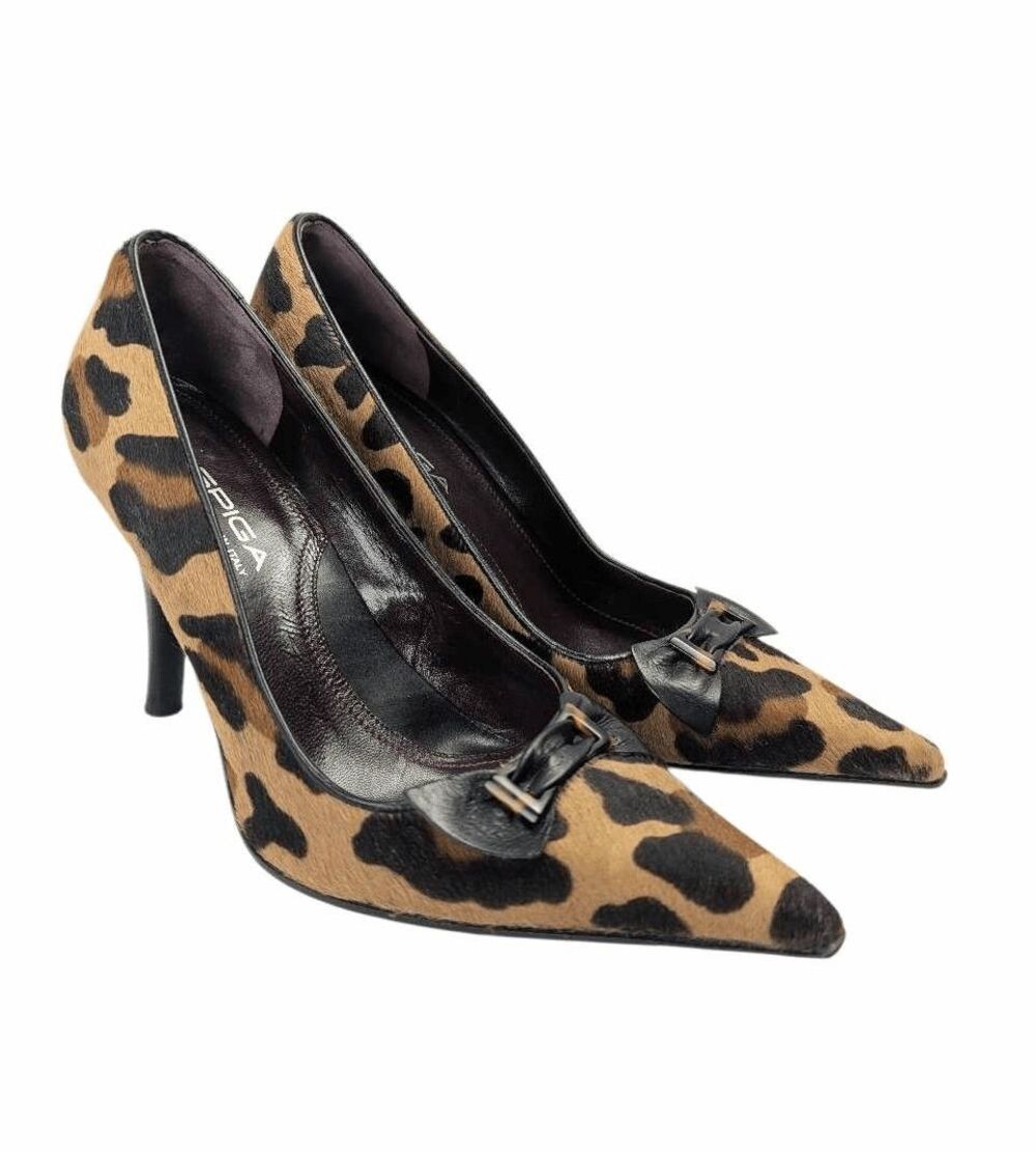 Vintage Via Spiga animal print calf hair pointed toe leather bow heels womens 6